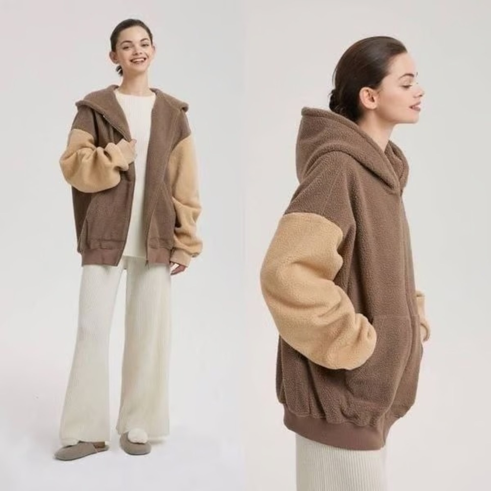 NWT NAP Loungewear Oversized Terry Fleece Zip Up Hooded Jacket Cozy Brown Sz M